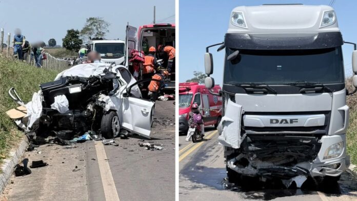 Carro fica destruído em acidente com carreta em rodovia de Nova Venécia