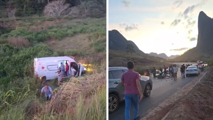 Cinco pessoas ficam feridas após ambulância atingir moto e cair em um barranco em Pancas